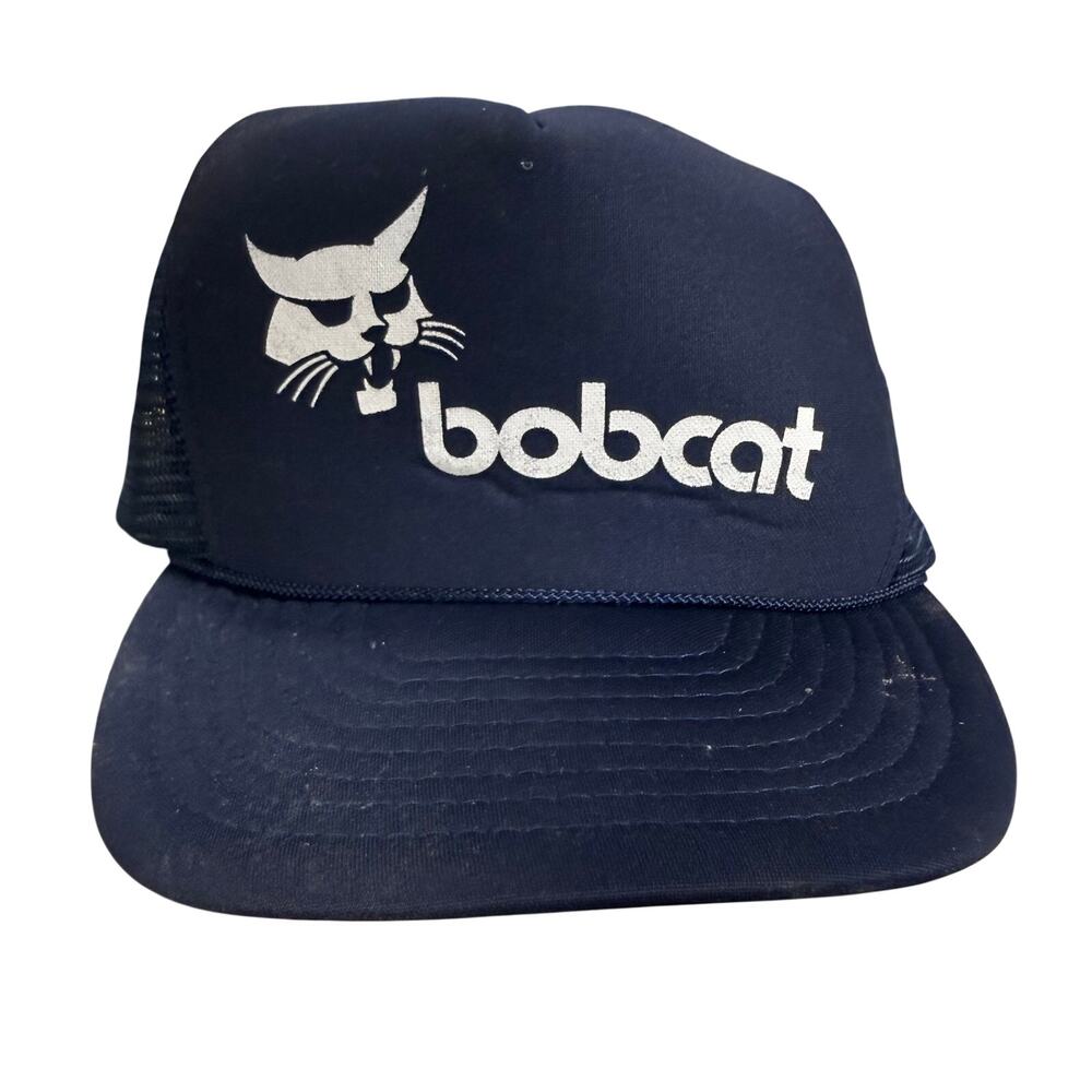 Vintage Bobcat Tractors Hat Cap Snapback Trucker Construction Work Navy Blue 90s